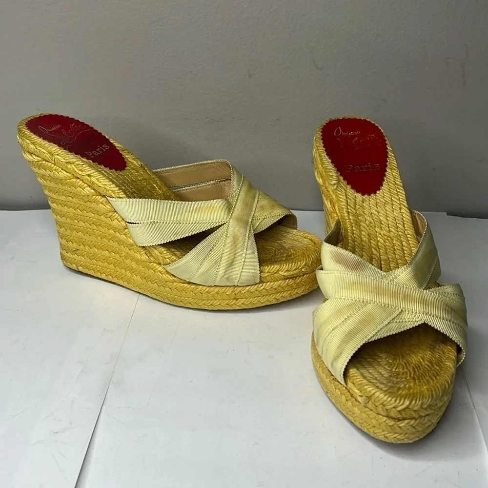 Christian Louboutin Sz 6 Yellow Ribbon Espadrille Wedges Heels Backless Sandals